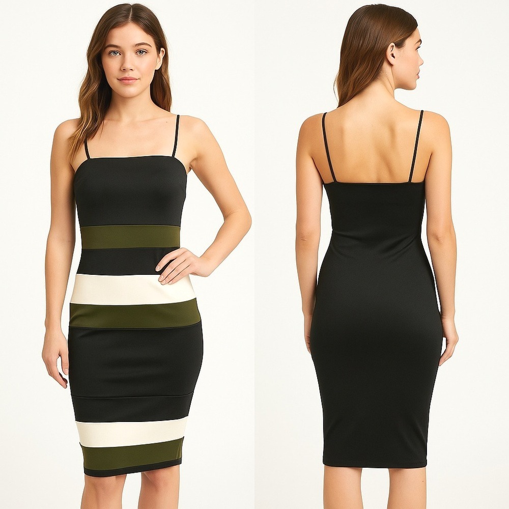 Windsor Bodycon Dress Women Small Black Olive Cream Striped Spaghetti Strap New